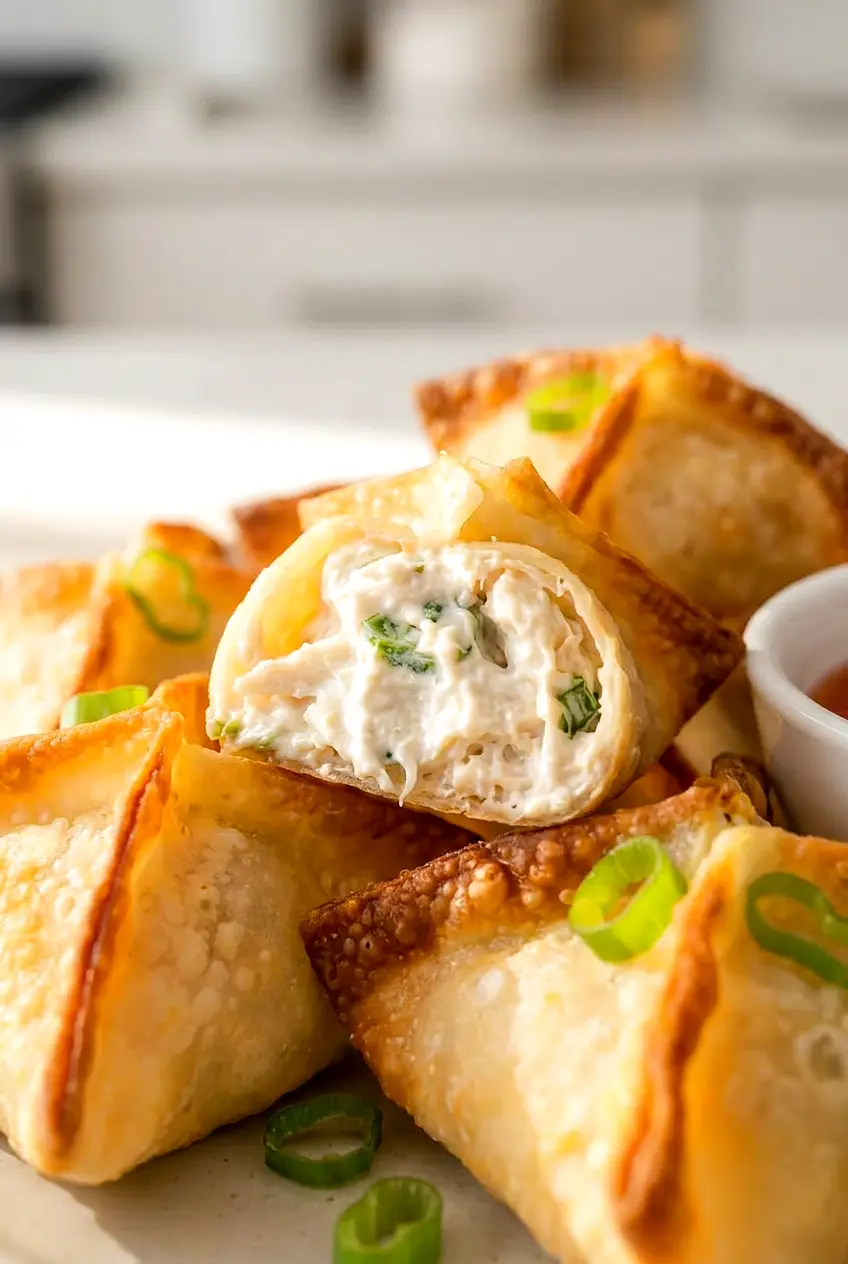 Close-up of air fryer crab rangoon showing the crispy wrapper and creamy crab filling
