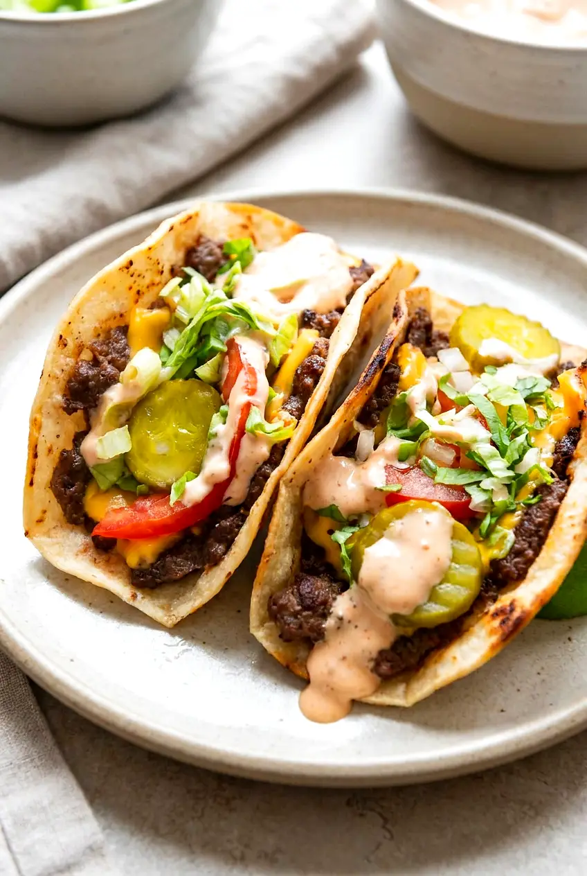 Plated Air Fryer Big Mac Tacos with browned beef, melted cheese, lettuce, tomato, pickles, onion, and sauce.