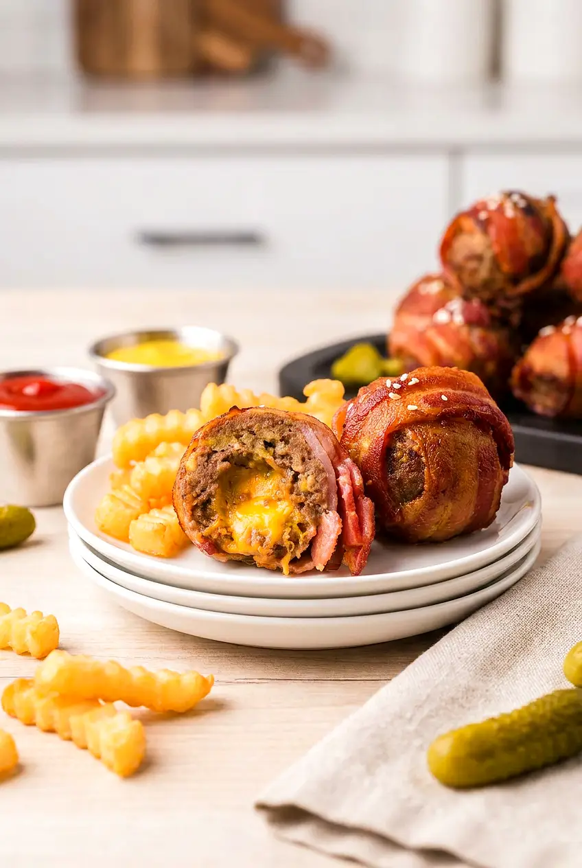 Air fryer bacon cheeseburger bites on a plate with fries and dipping sauce
