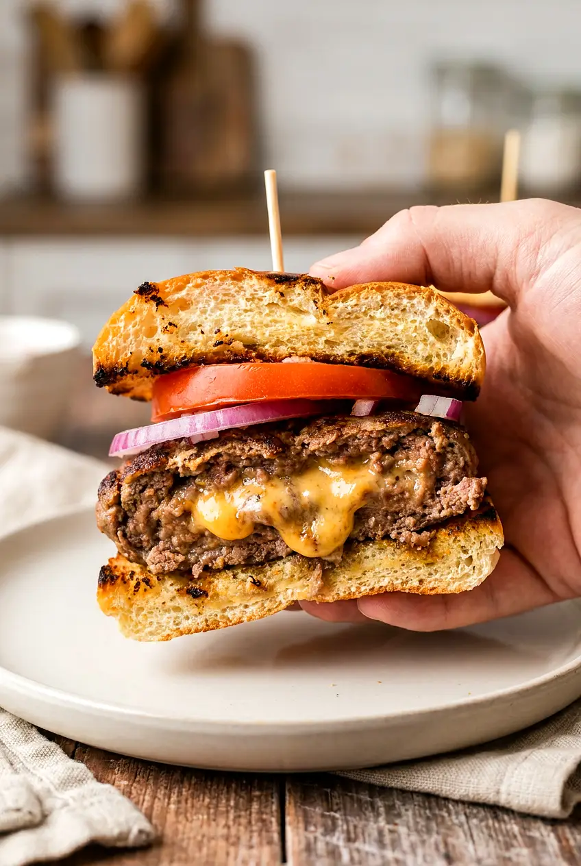 Air Fryer stuffed burgers on toasted buns with lettuce, tomato, and melted cheese