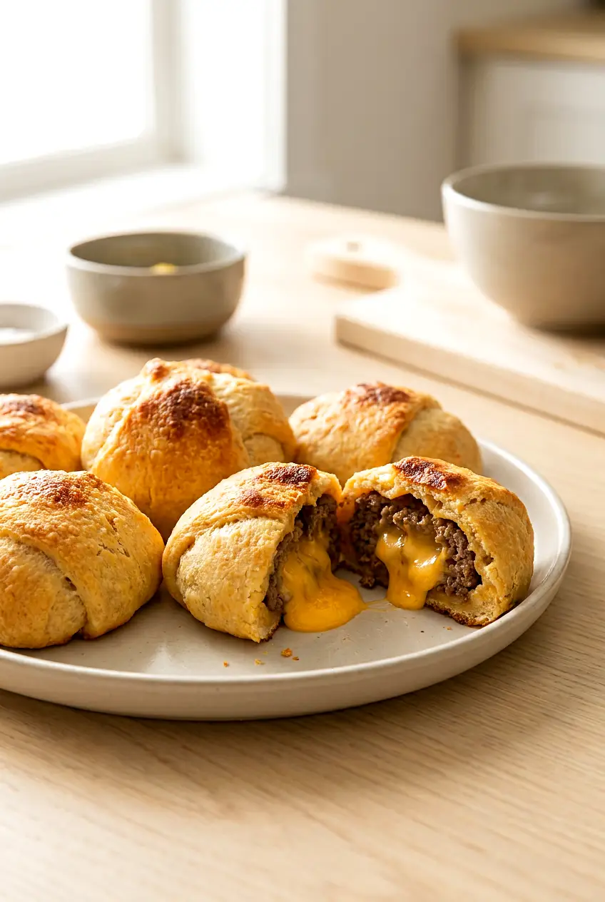 Air fryer cheeseburger bombs on a plate with golden dough and melted cheese filling
