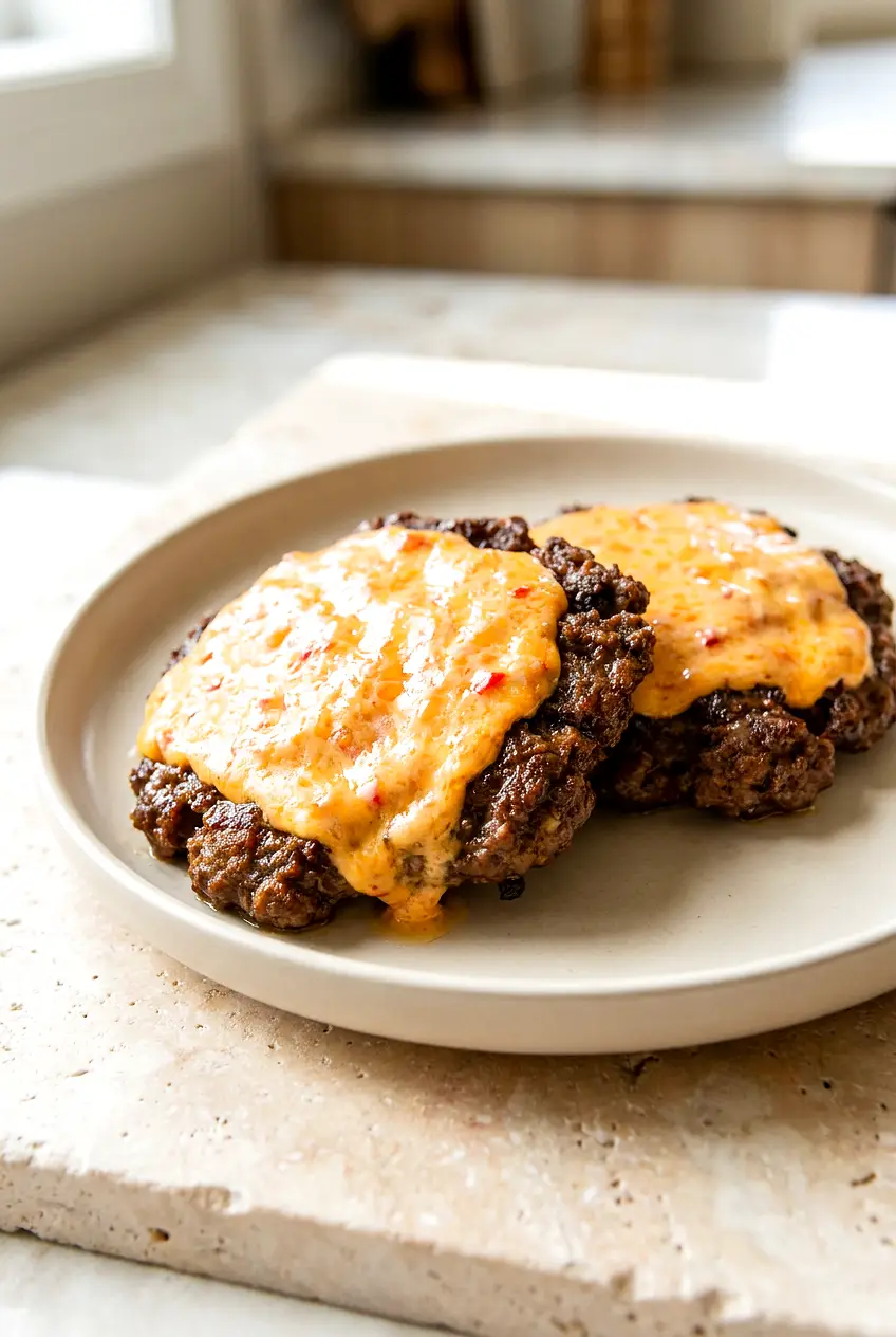 Air fryer low carb butter burgers served bunless with melted pimento cheese on top