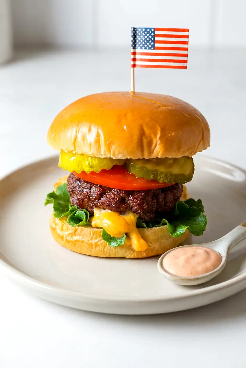 Air fryer Juicy Lucy burgers on toasted buns with lettuce, tomato, pickles, onion, and burger sauce