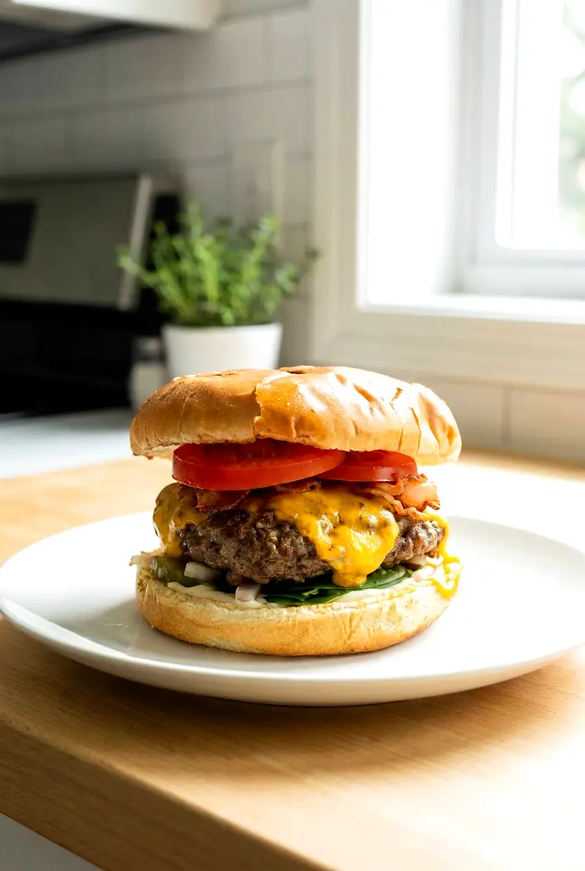 Air fryer hamburgers served on buns with lettuce, tomato, onion, pickles, and melted cheese