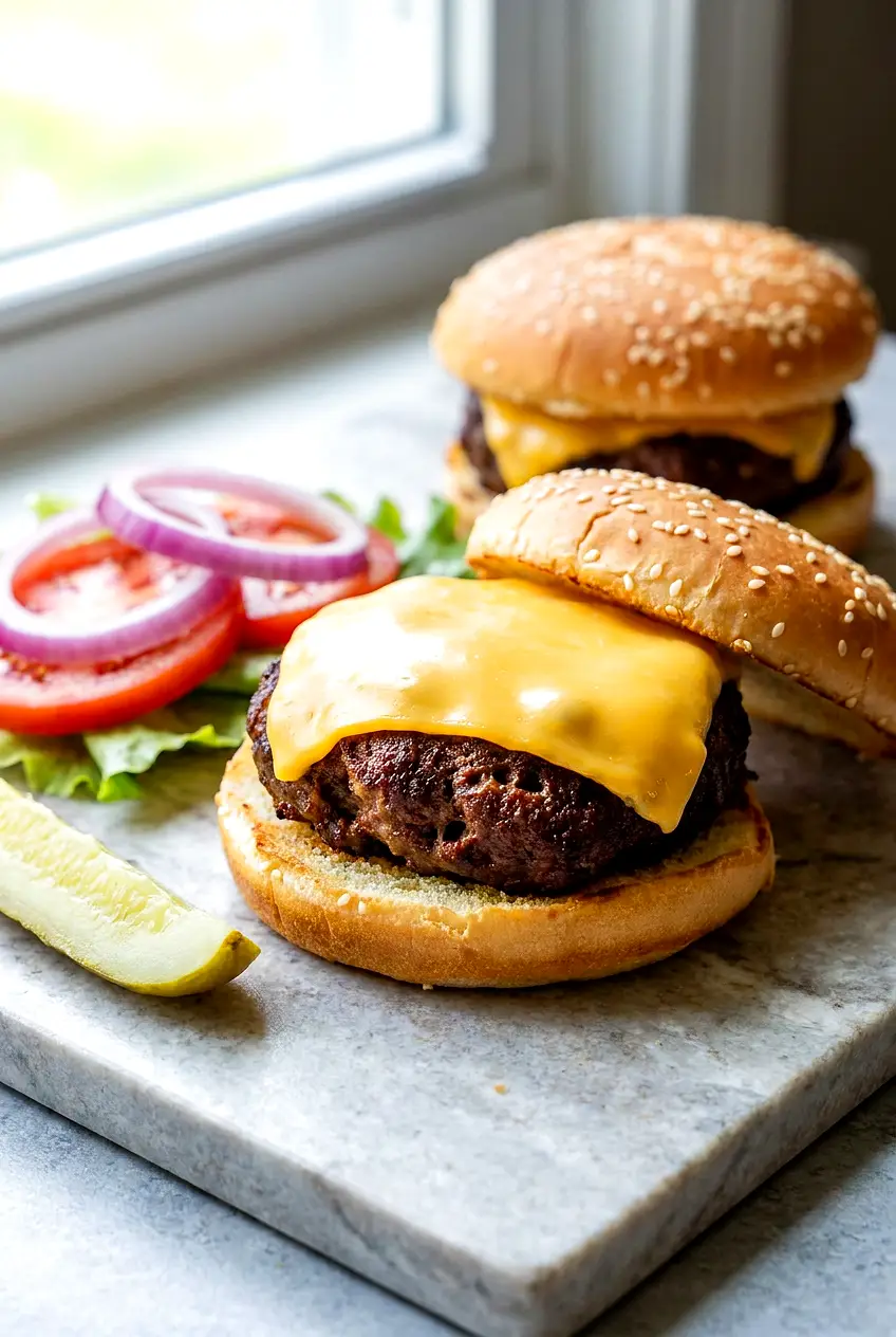 Air fryer cheeseburgers on toasted buns with melted cheese and classic burger toppings