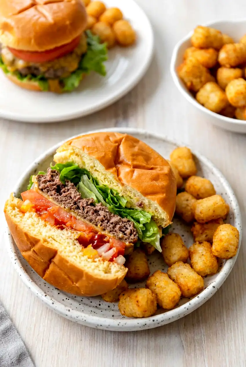 Juicy air fryer burgers on toasted buns with lettuce, tomato, onion, and melted cheese