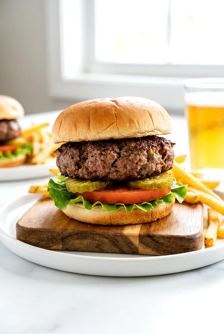 Ninja Foodi air fryer burgers on buns with lettuce, tomato, and pickles