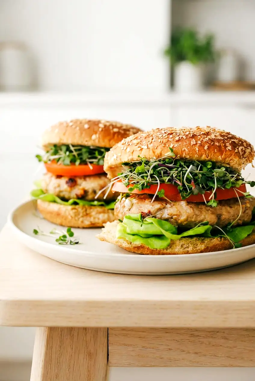 Air fryer turkey burgers on buns with lettuce, tomato, and sprouts on a plate
