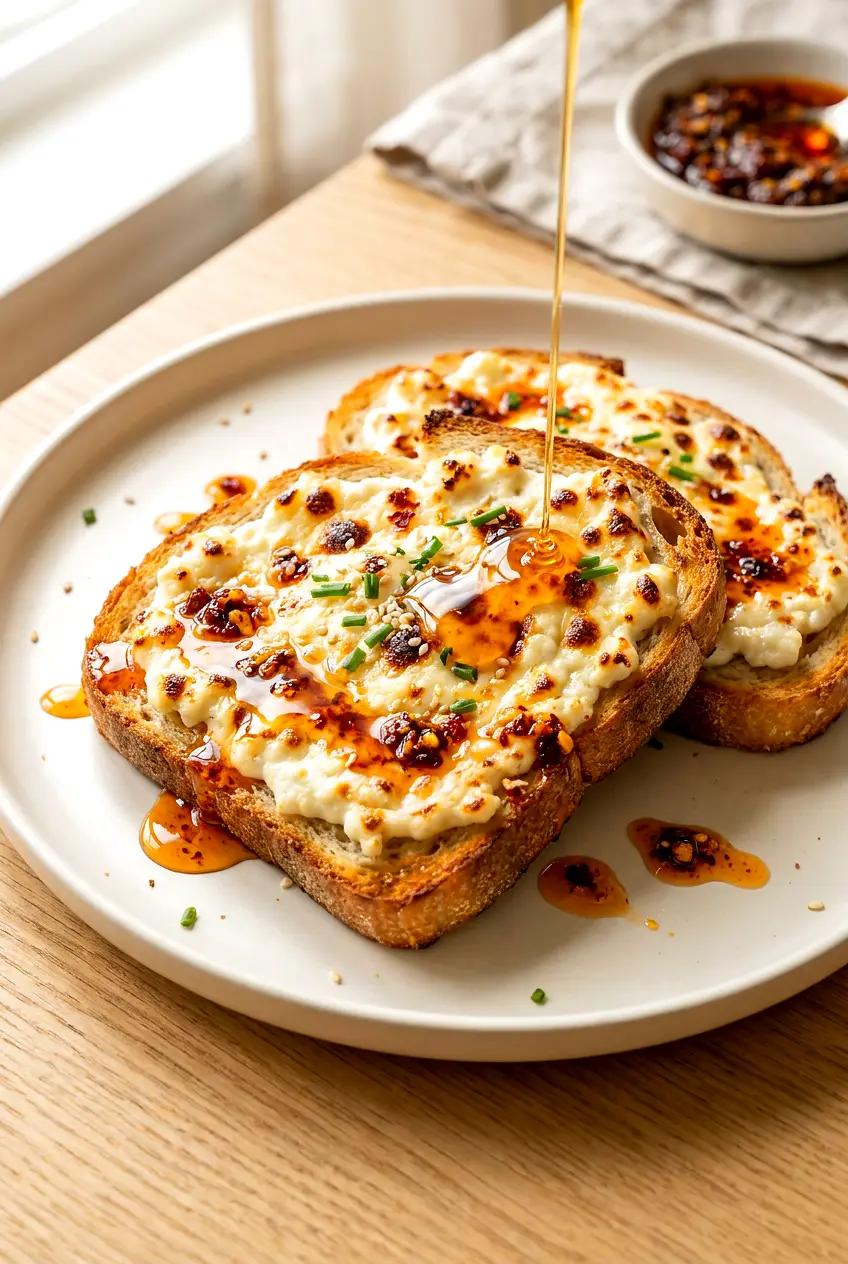 Air fryer cottage cheese toast on sourdough with chili crisp oil and hot honey, served with crisp edges and garnish