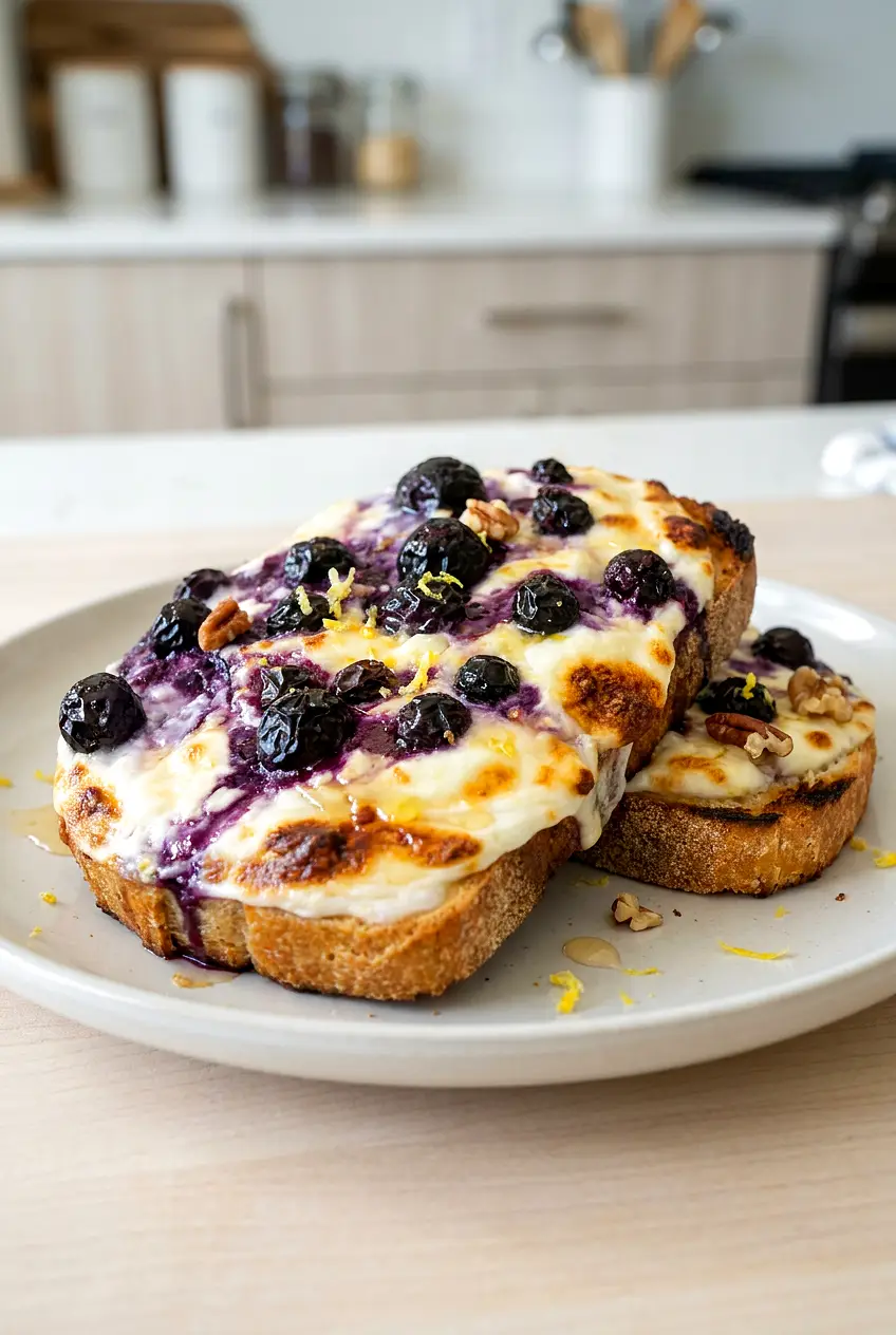 Air fryer blueberry cottage cheese toast on a plate with honey drizzle and lemon zest