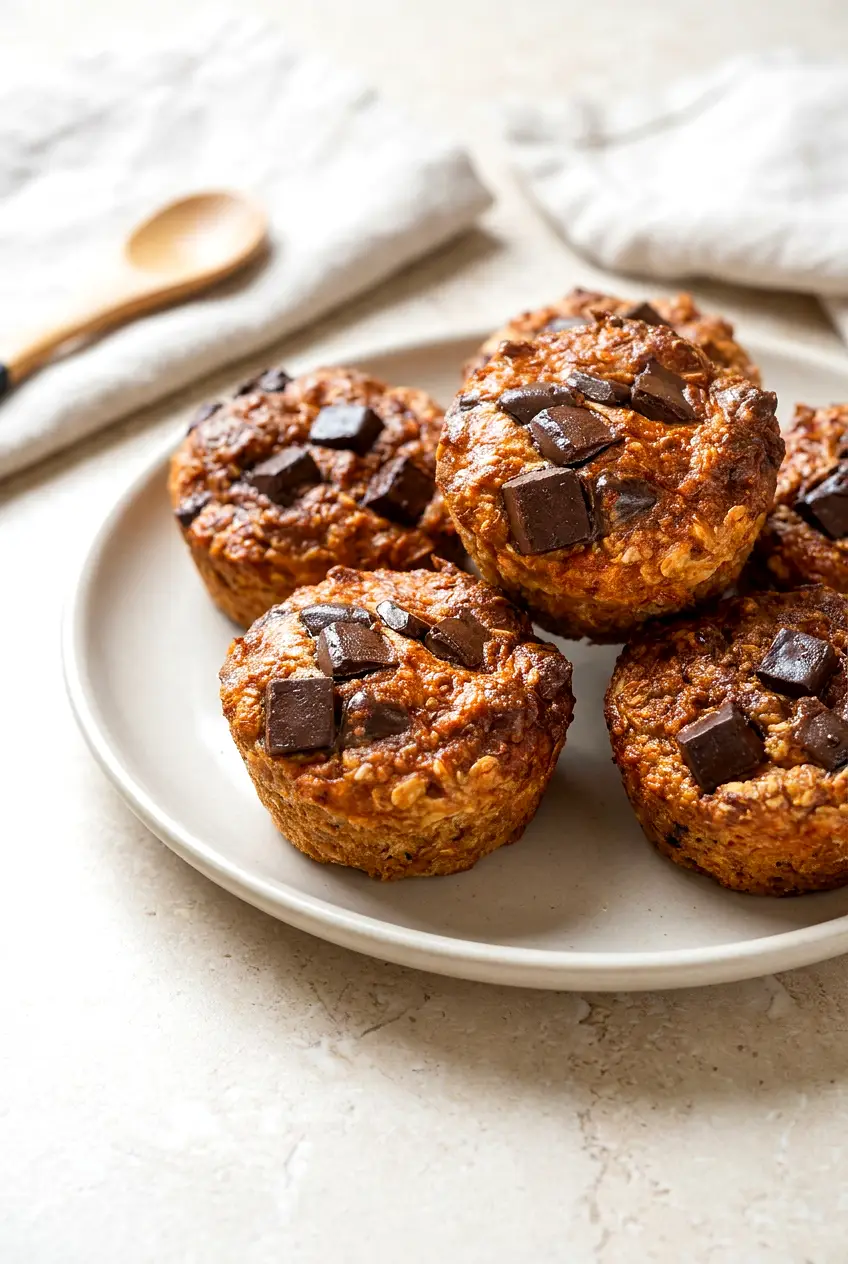 Air fryer chocolate protein muffins served warm on a neutral plate with melted dark chocolate chunks on top