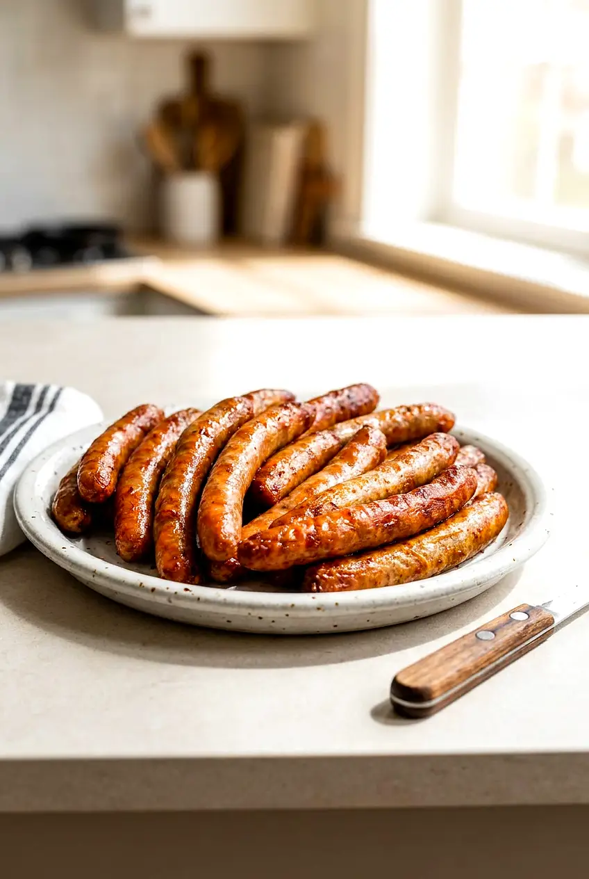 Air fryer sausage links served on a pottery plate with a wood-handled knife beside them