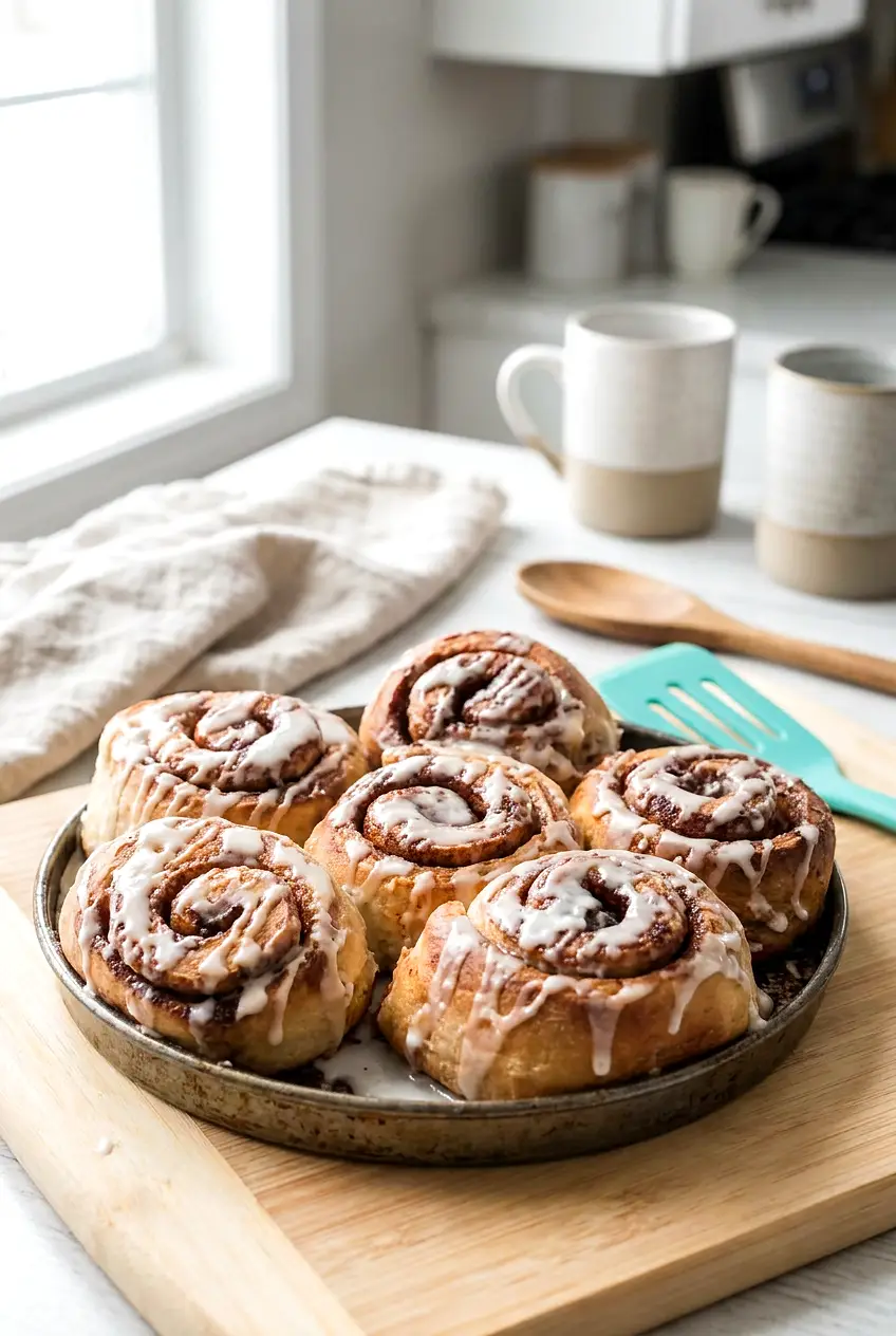Plated air fryer cinnamon rolls with vanilla icing drizzled over the warm rolls