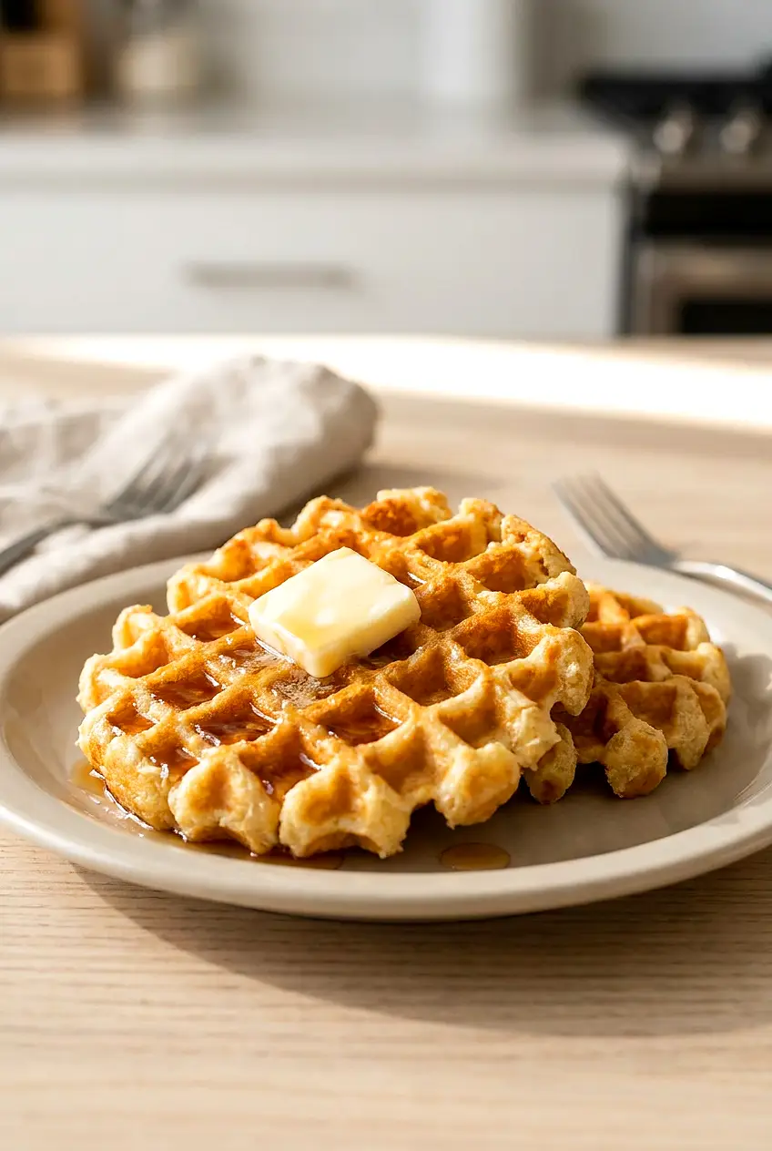 Air fryer frozen waffles on a plate topped with butter and maple syrup.