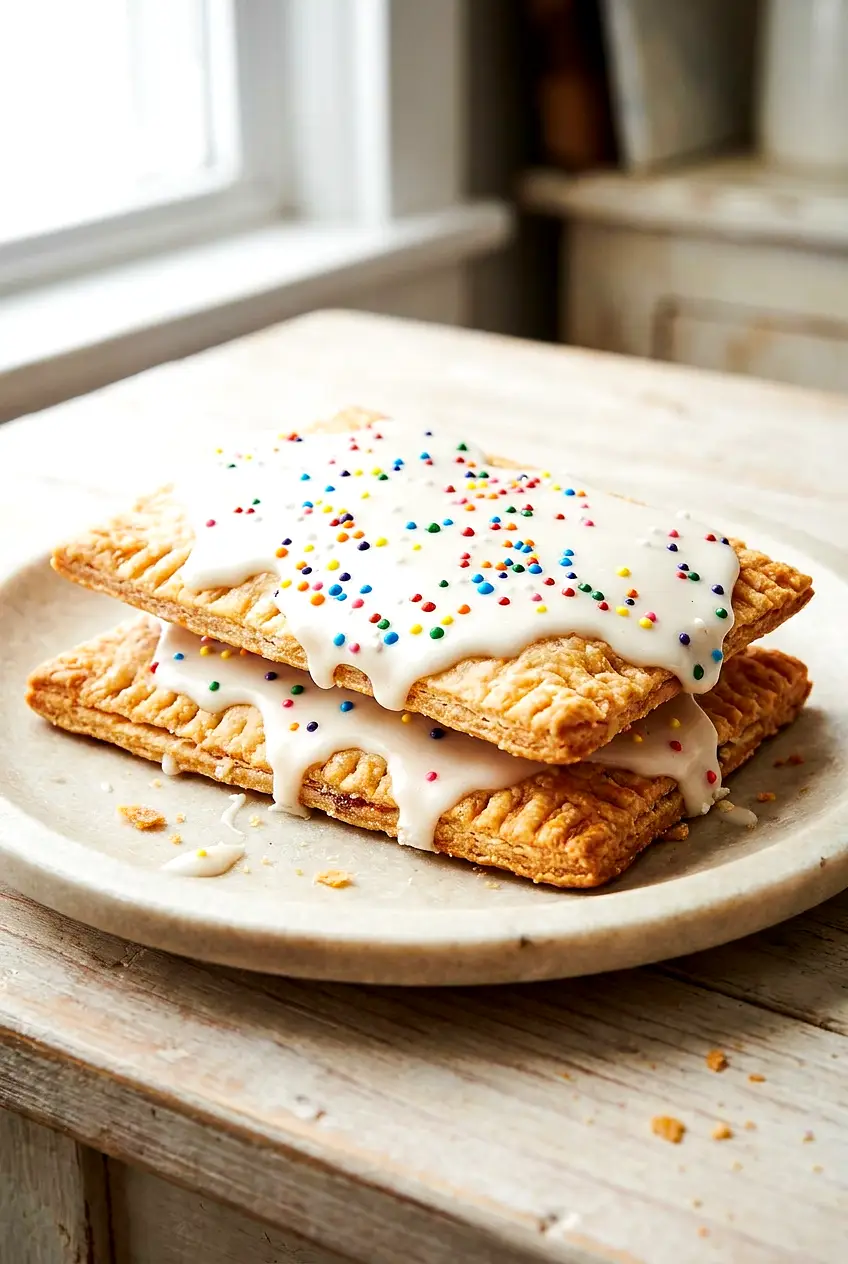 Air fryer pop tarts on a plate with vanilla glaze and sprinkles
