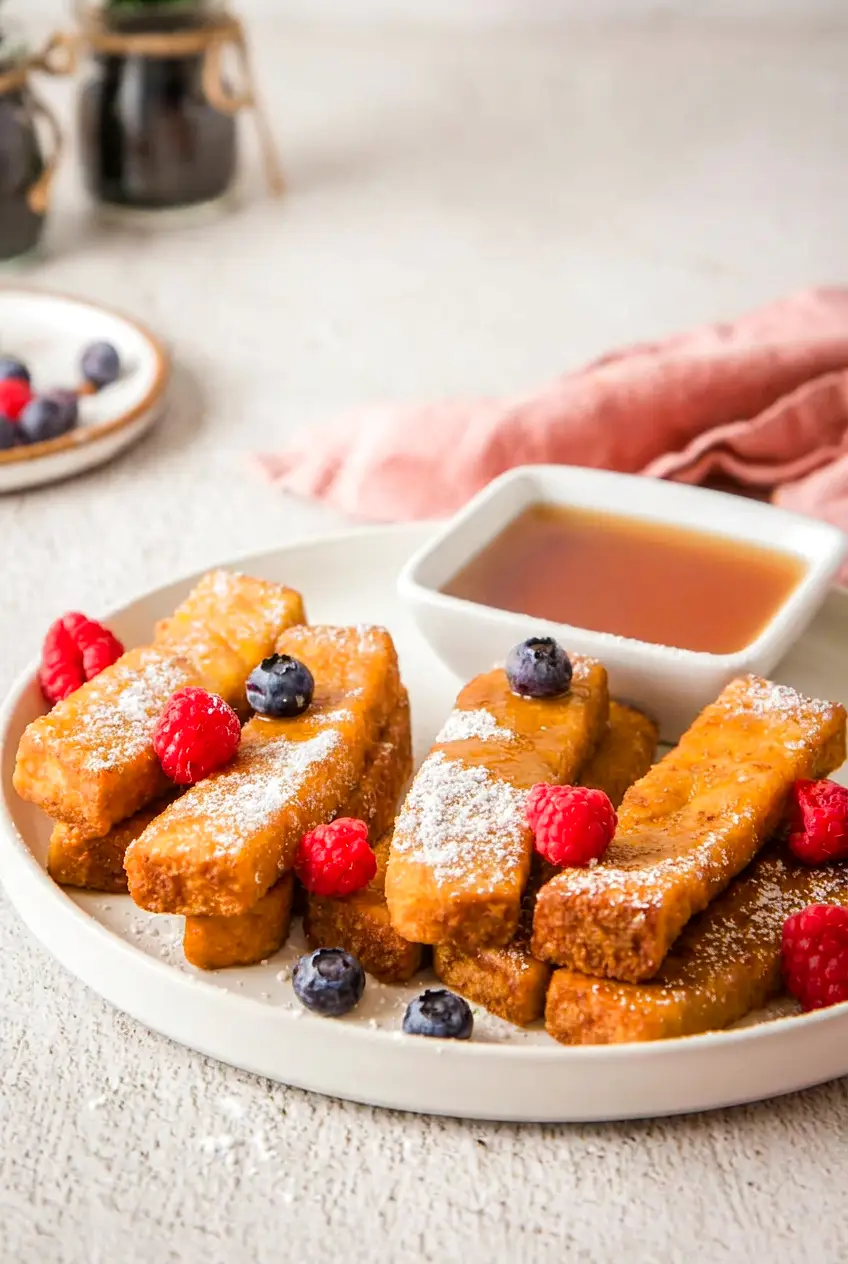 Air fryer frozen French toast sticks on a white plate with berries and maple syrup