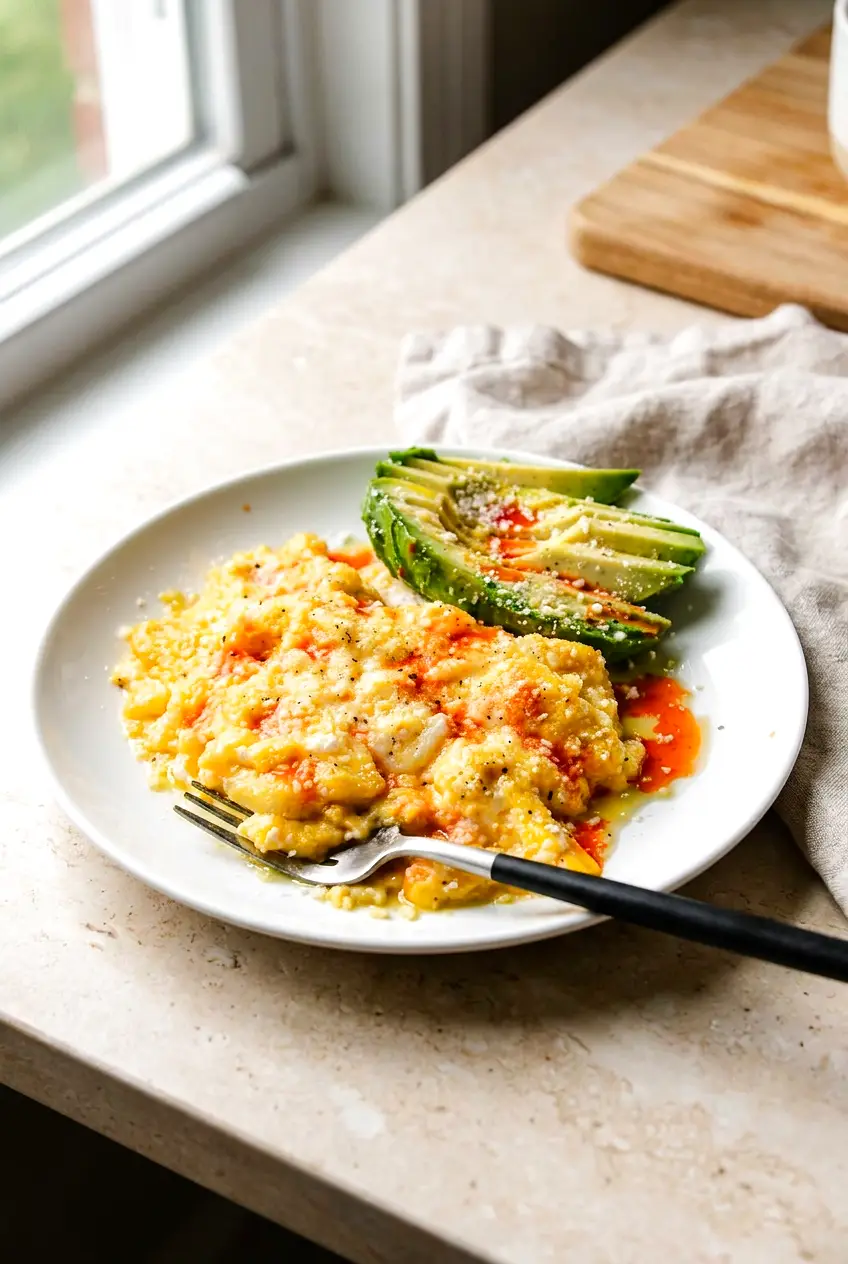 Air fryer scrambled eggs on a plate with avocado and hot sauce on top