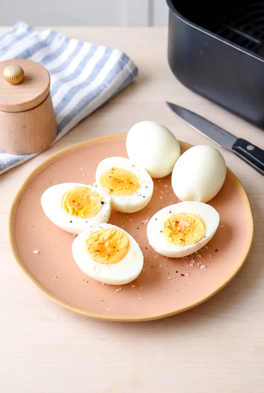 Air fryer hard-boiled eggs halved on a plate with salt and pepper.