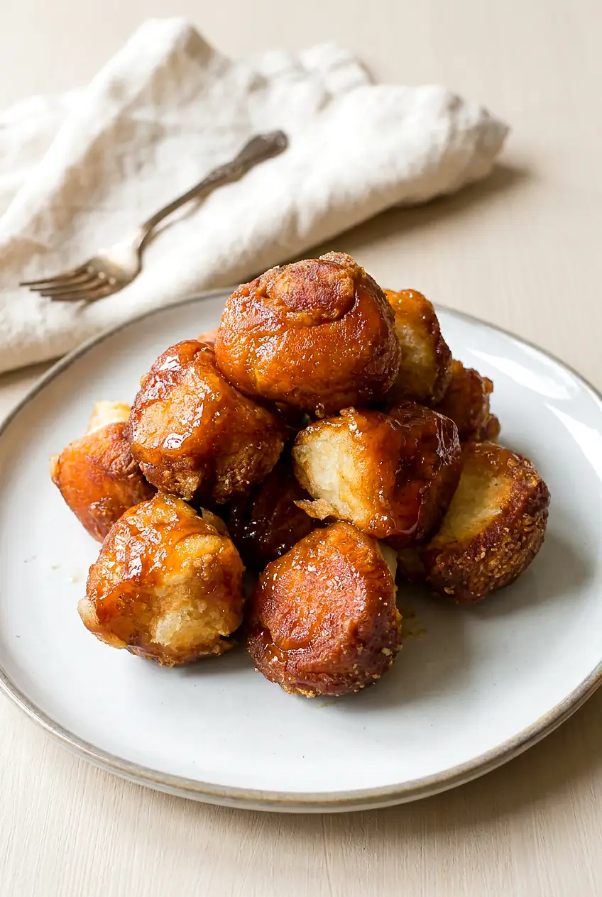 Air fryer monkey bread pieces on a white plate, golden and sticky with cinnamon sugar.