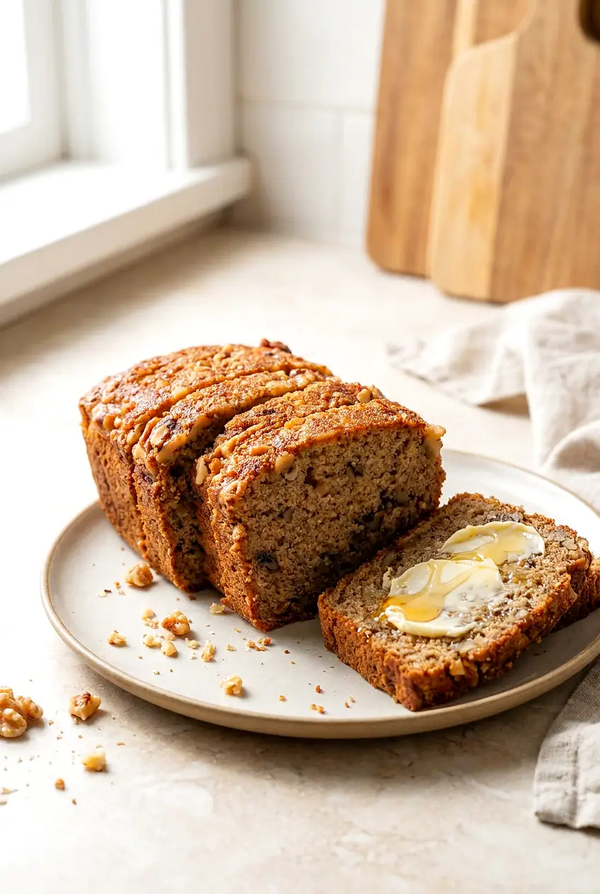Air fryer banana bread in mini loaf pan, golden top and moist crumb, served warm