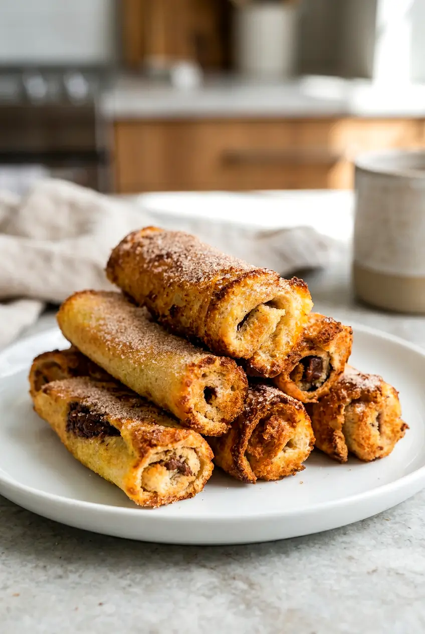 Air fryer Nutella French toast roll ups on a white plate, golden and cinnamon-sugar coated, ready to serve