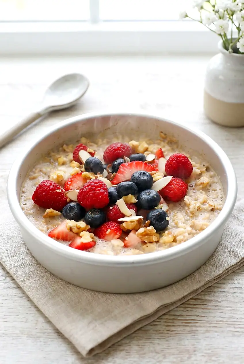 Air fryer oatmeal served in a round white metal pan topped with fresh berries