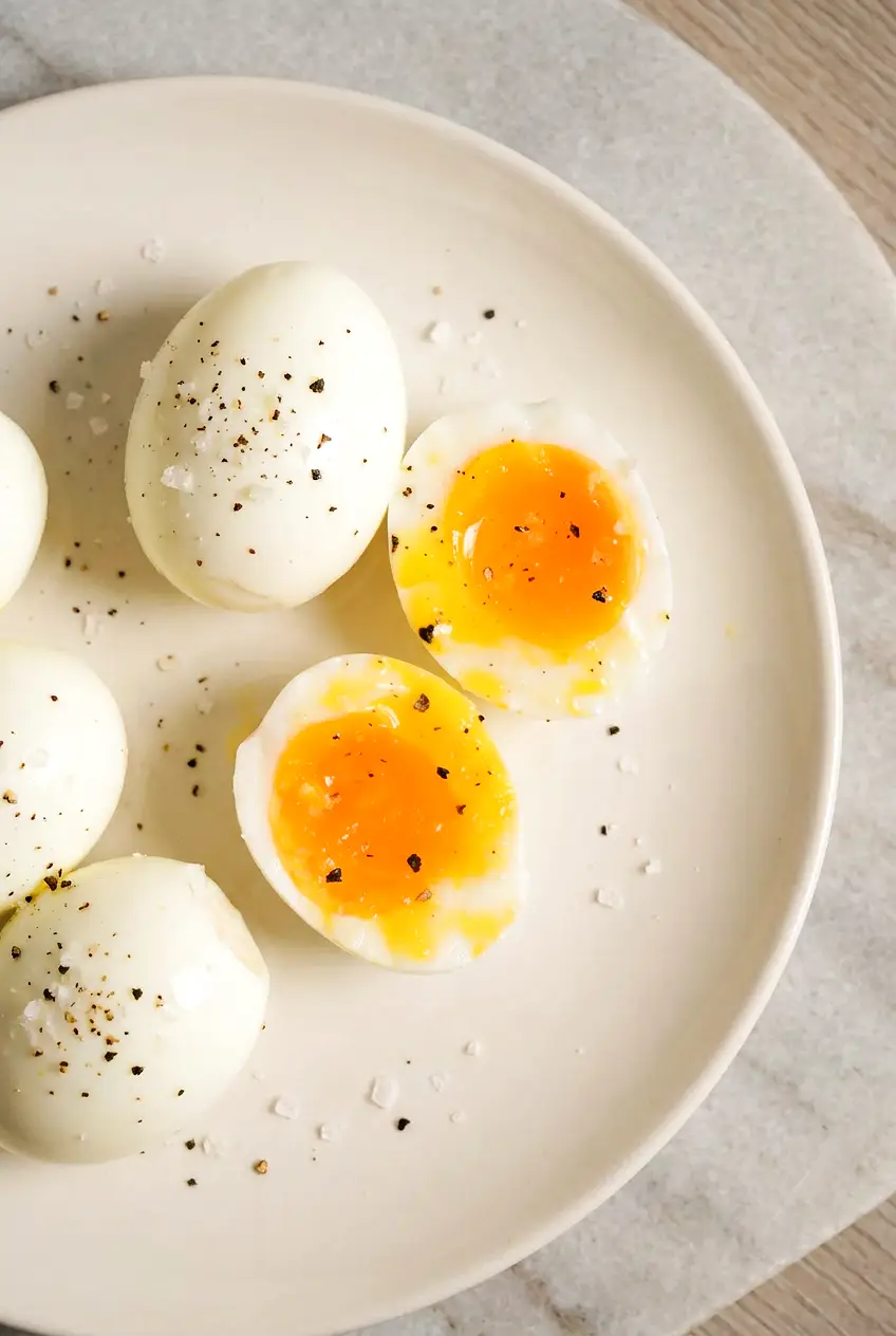 Air fryer soft-boiled eggs on a plate with salt and pepper