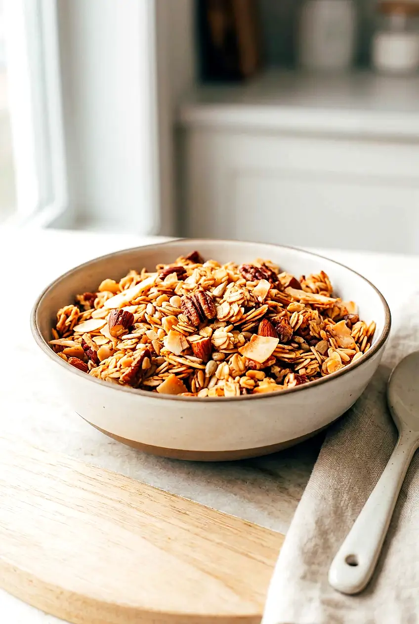 Air fryer granola served in a bowl with golden oats, almonds, pecans, and coconut clusters