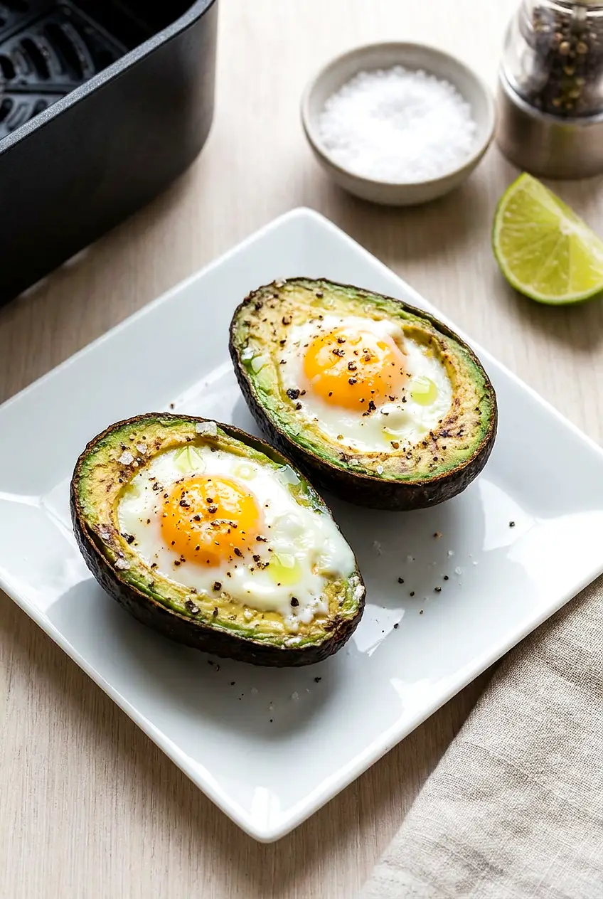 Air fryer avocado eggs on a white square plate with soft-set eggs and lime garnish