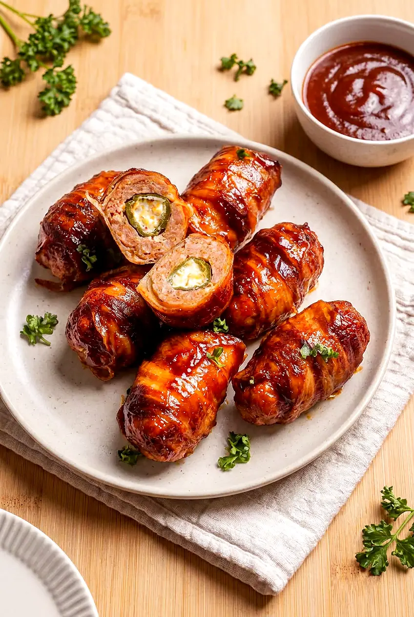Air Fryer Armadillo Eggs plated with browned bacon and a cheesy jalapeño filling