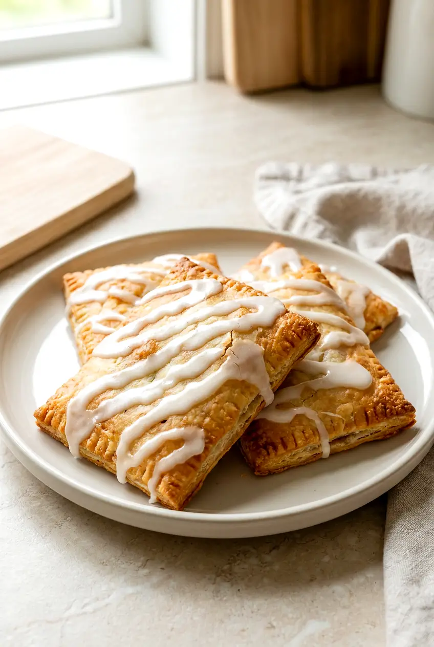 Air Fryer Toaster Strudel on a plate, puffed and lightly golden with icing drizzled on top