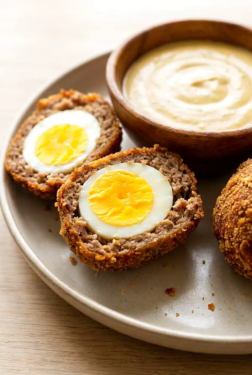 Air fryer Scotch eggs plated with Dijon mustard sauce