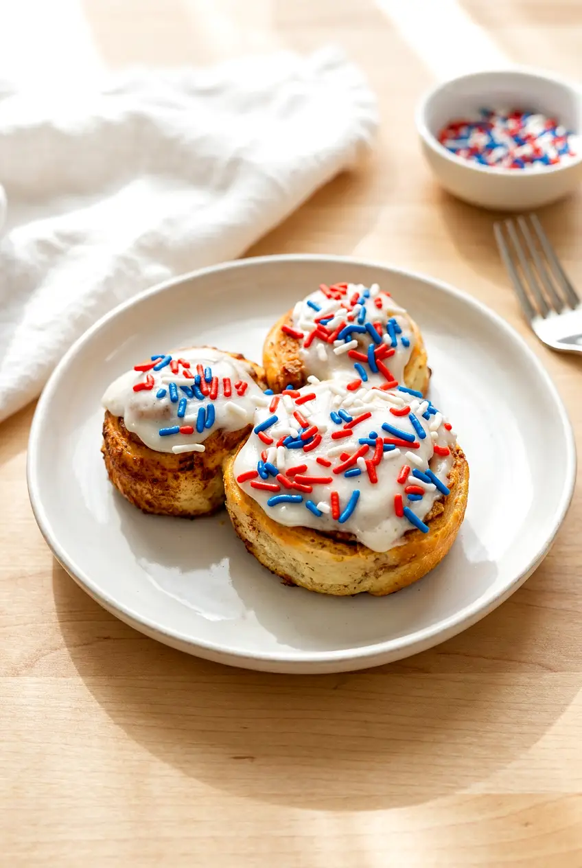 Plated Air Fryer Mickey cinnamon rolls topped with frosting and patriotic sprinkles
