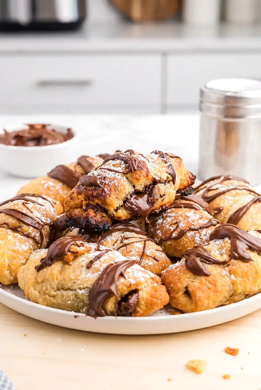 Air fryer chocolate croissants on a plate with powdered sugar and chocolate drizzle