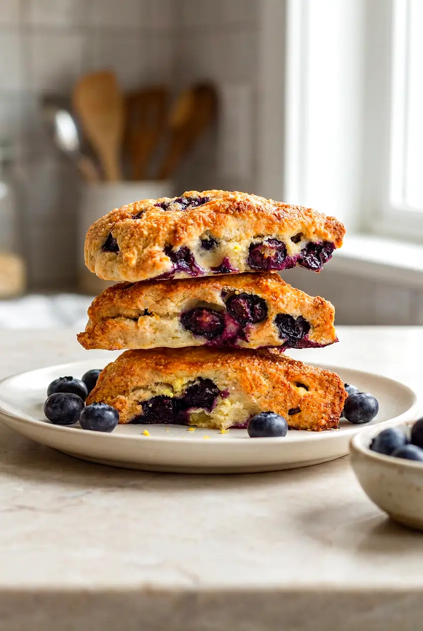 Air fryer blueberry scones piled on a plate with fresh blueberries around them