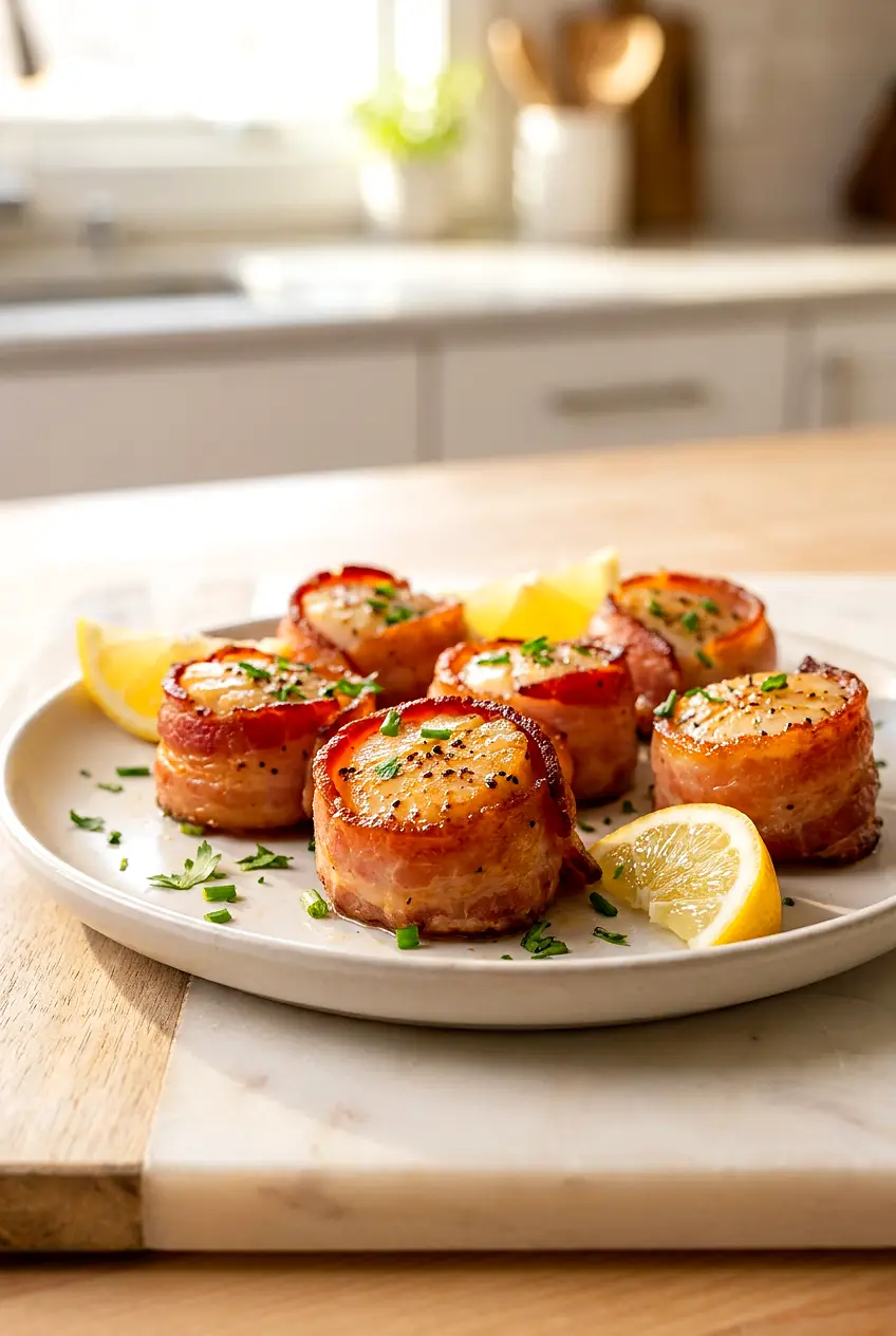 Air fryer bacon wrapped scallops served on a plate with browned bacon edges and lemon wedges