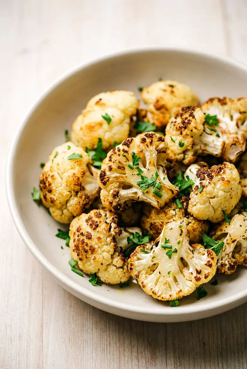 Air fryer cauliflower with browned crisp edges and fresh herbs on a serving bowl
