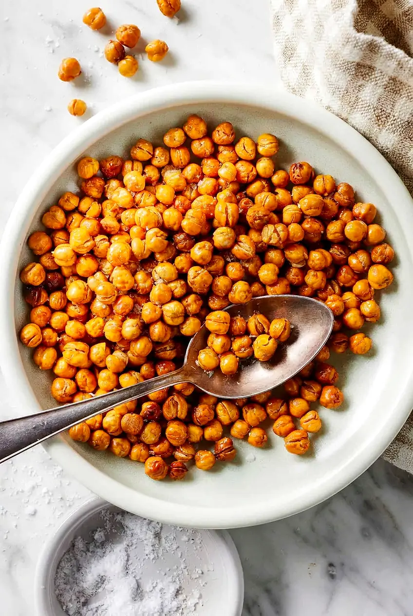 Air fryer chickpeas served in a bowl with crisp golden edges and smoked paprika seasoning