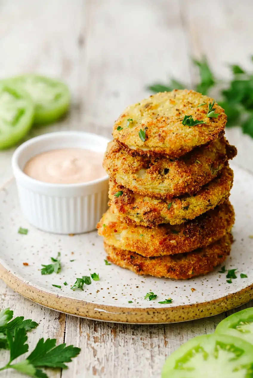 Air fryer fried green tomatoes stacked on a plate with crisp golden breading