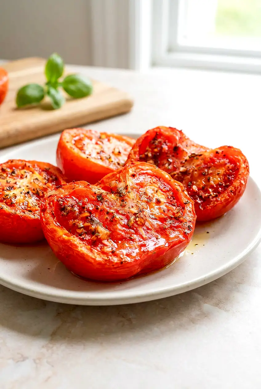 Air fryer tomatoes on a plate with herbs and lightly browned edges