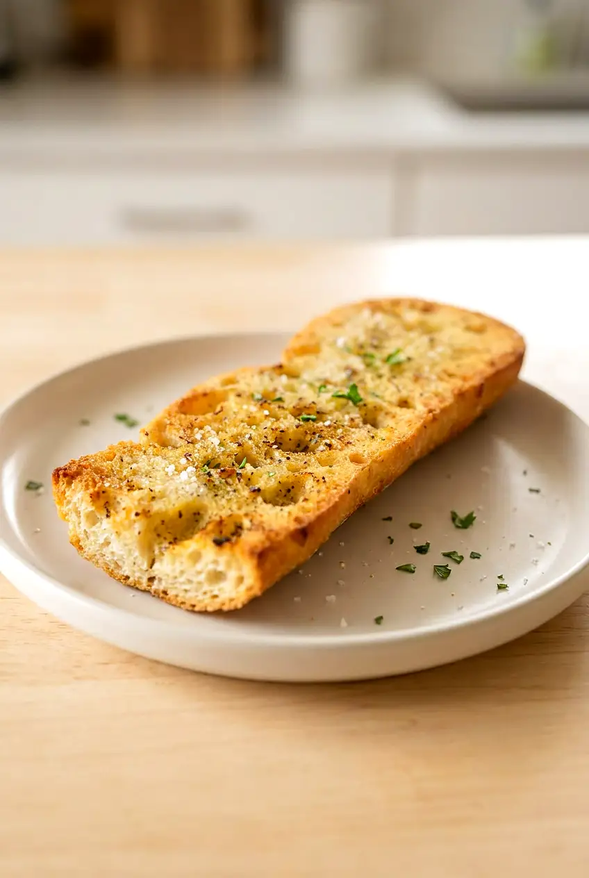 Air fryer garlic bread served on a plate with golden edges and simple seasoning