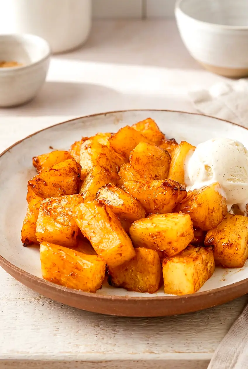 Air fryer grilled pineapple served warm on a plate with golden caramelized edges