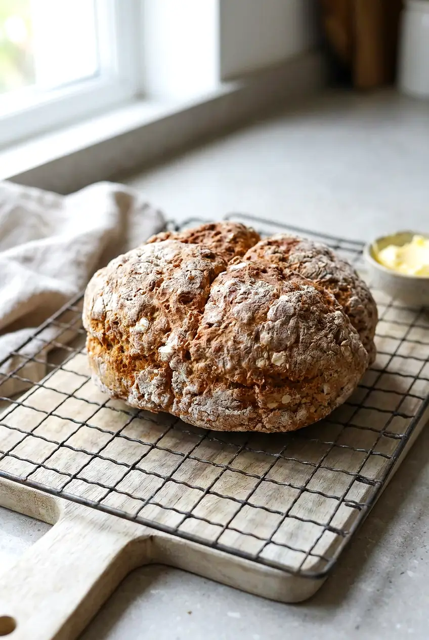 Air fryer Irish soda bread on a cooling tray with a golden crust and scored top