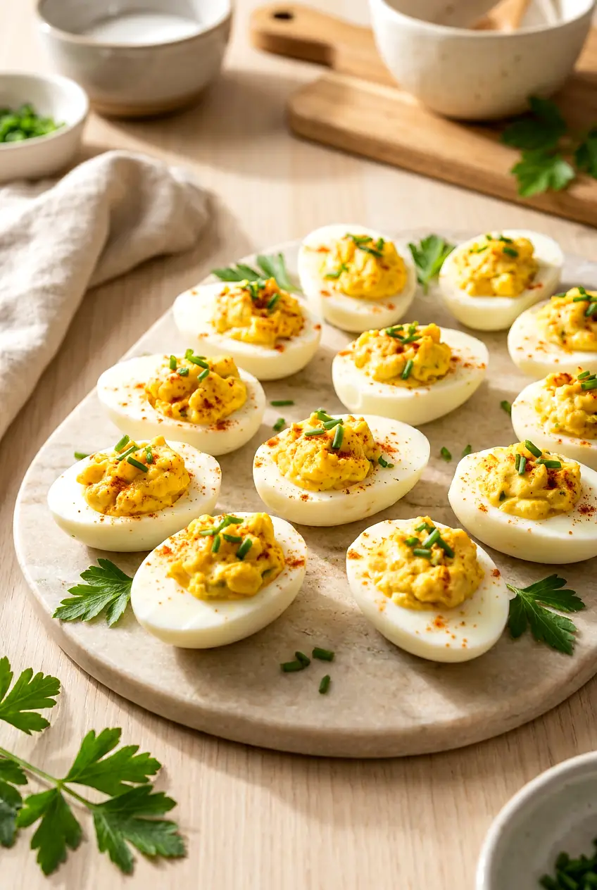 Air fryer deviled eggs on a platter with creamy yolk filling and a light paprika garnish.