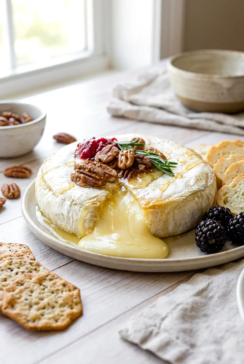 Air fryer brie with honey, melted cheese oozing from a warm wheel served with crackers