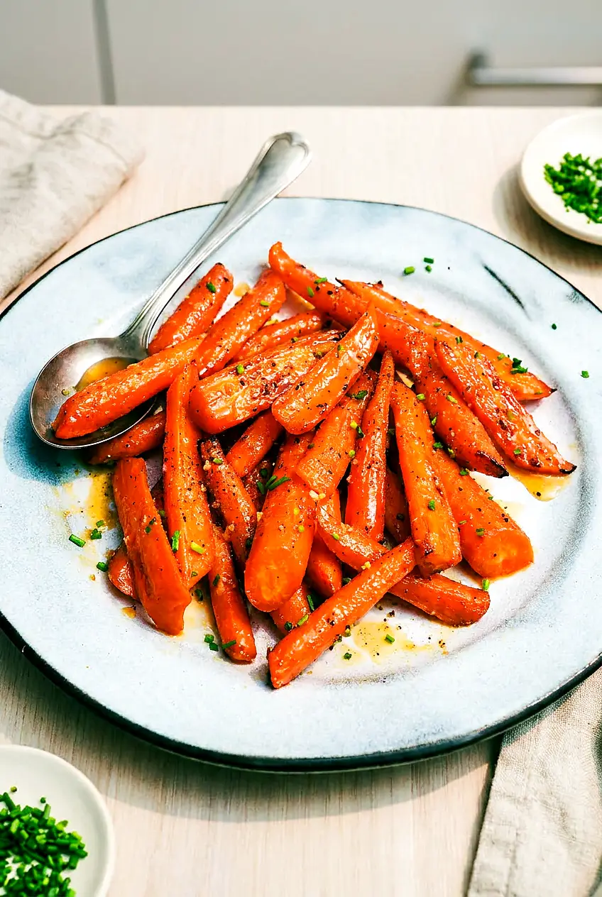 Air fryer honey glazed carrots on a serving plate with a glossy garlic butter glaze and chives.
