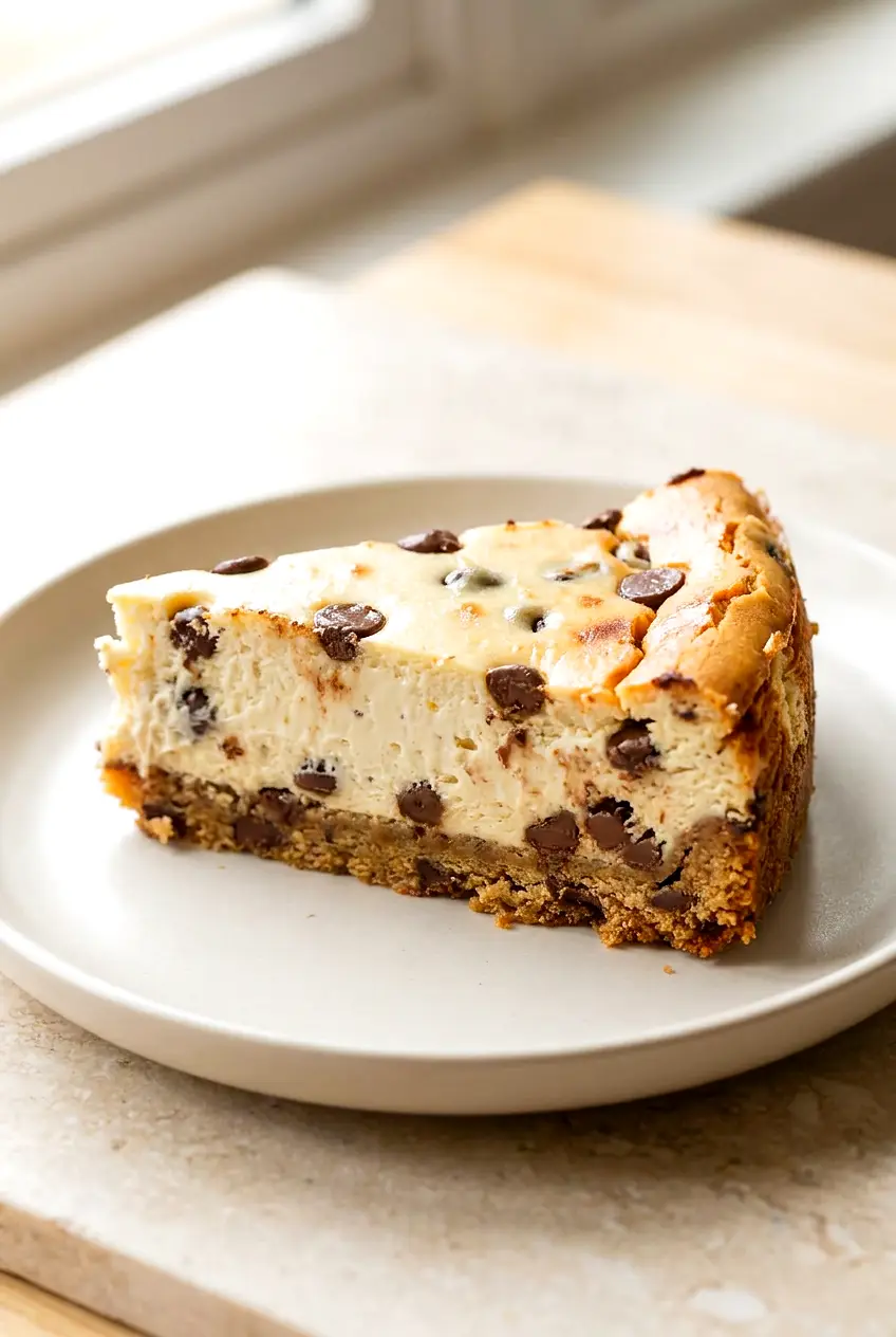 Air fryer chocolate chip cookie cheesecake sliced on a plate with a golden cookie crust and chocolate chips on top