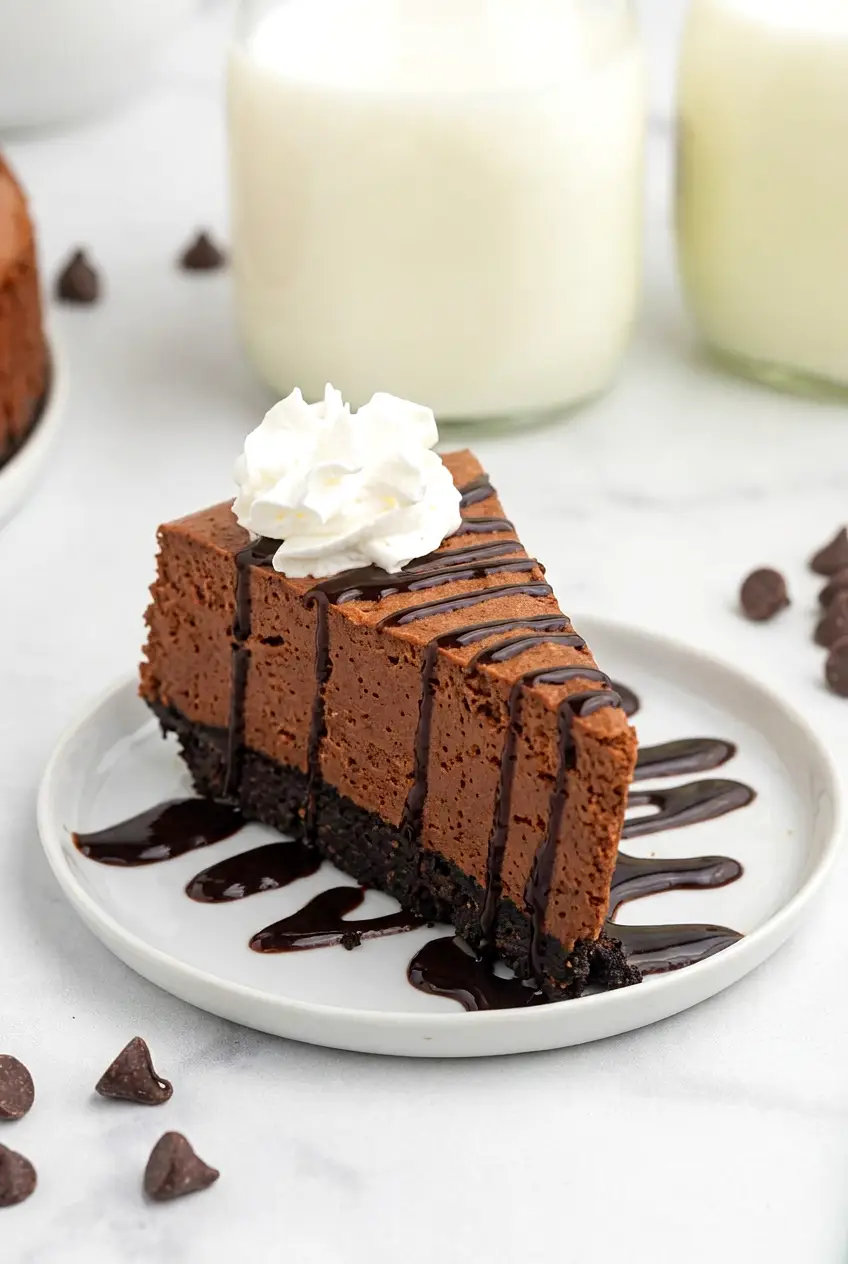 Air fryer chocolate cheesecake slice on a white plate with whipped cream and chocolate drizzle