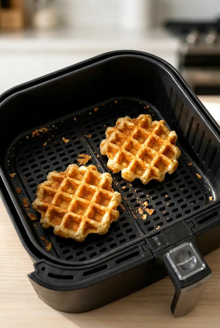 Frozen waffles cooking in the air fryer basket until golden and crisp.