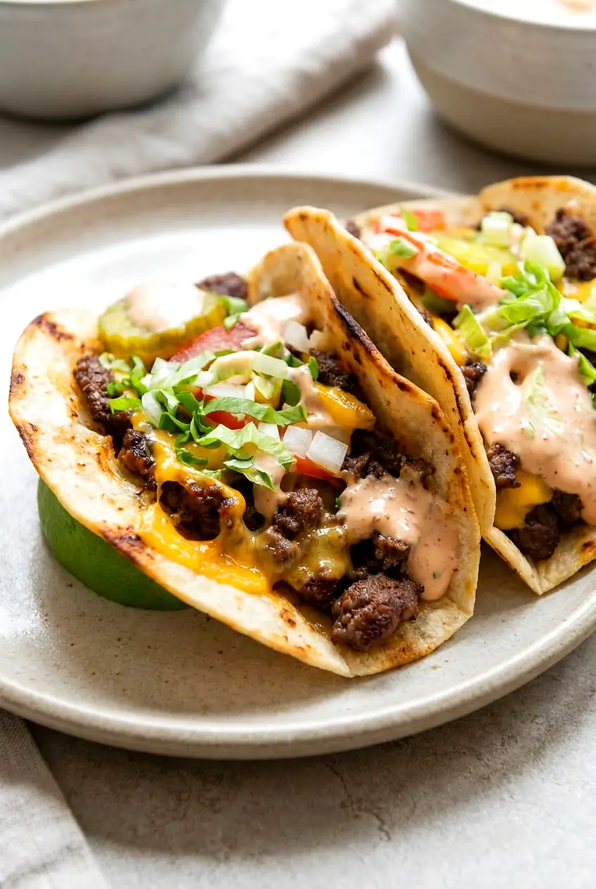 Close-up of Air Fryer Big Mac Tacos showing browned beef, melted cheese, and fresh Big Mac toppings.